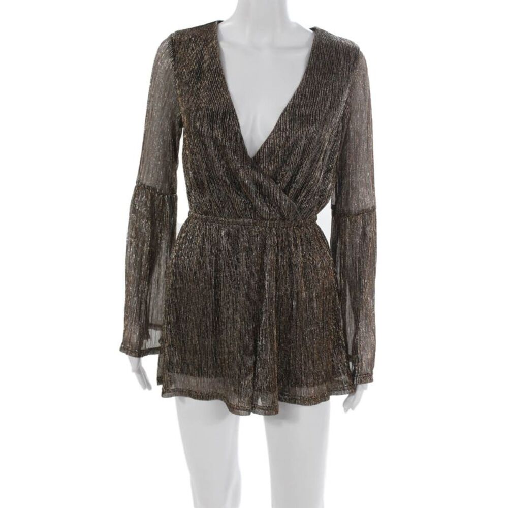 MINKPINK Womens Black Striped V-Neck Long Sleeve Romper Polyester Size XS
